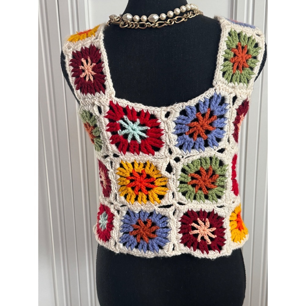 Crochet Granny‎ Square Vest Top Sleeveless Boho Hippie Festival Colorful - Picture 5 of 5